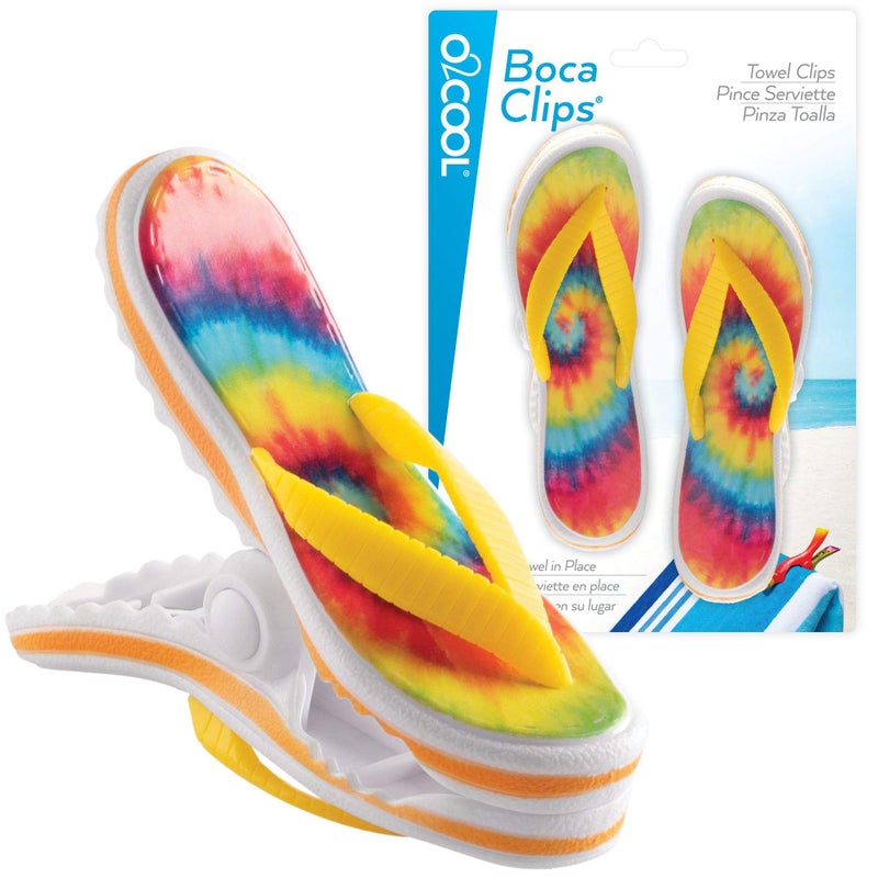 O2COOL Bocaclips - Beach Towel Clips for Beach Chairs, Patio and Pool Accessories - (Tie Dye Flip Flop) 2 Count - Image 1