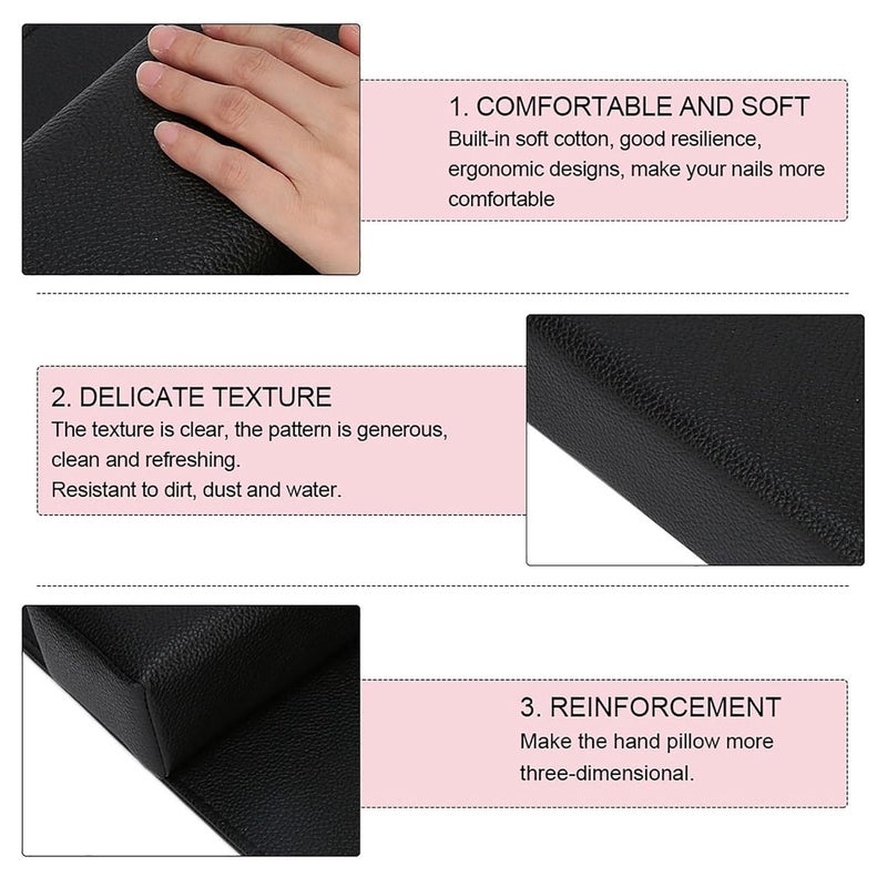 Soft Manicure Hand Pillow and Arm Rest Cushion Set, Nail Art Hand Support Pad with Non - Slip Table Mat for Salon and Home Use, PU Material in Pink or Black (Black) - Image 3