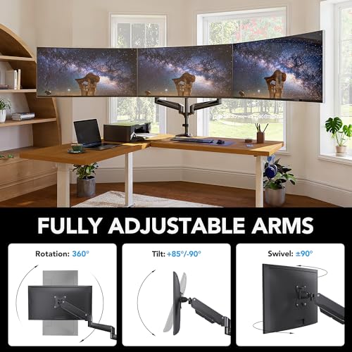 HUANUO Triple Monitor Mount for 17 to 32 inch Screens, Gas Spring Adjustment Triple Monitor Stand with Swivel, Tilt, Rotation, Clamp & Grommet Kit - Image 5