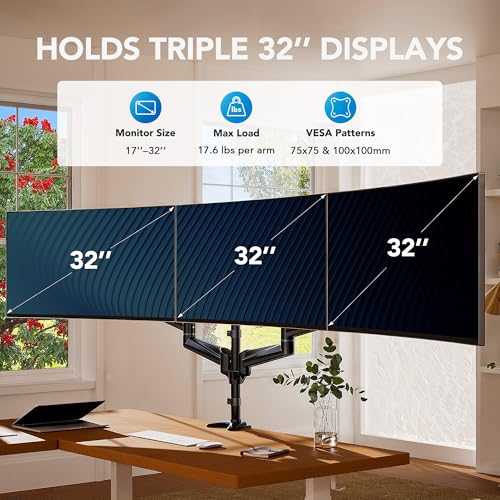 HUANUO Triple Monitor Mount for 17 to 32 inch Screens, Gas Spring Adjustment Triple Monitor Stand with Swivel, Tilt, Rotation, Clamp & Grommet Kit - Image 2