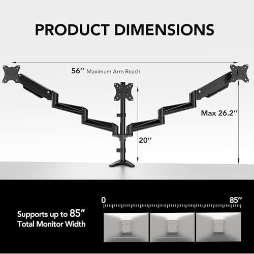 HUANUO Triple Monitor Mount for 17 to 32 inch Screens, Gas Spring Adjustment Triple Monitor Stand with Swivel, Tilt, Rotation, Clamp & Grommet Kit - Image 3