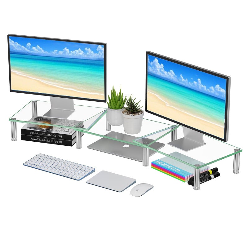 Simple Trending Dual Monitor Stand Riser, Computer Office Desktop Organizer for 2 Monitors with Tempered Glass, Adjustable Length and Angle Stand for Laptop,Printer,TV - Image 1
