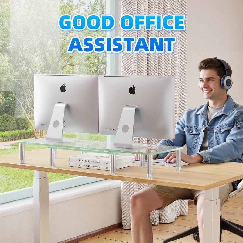 Simple Trending Dual Monitor Stand Riser, Computer Office Desktop Organizer for 2 Monitors with Tempered Glass, Adjustable Length and Angle Stand for Laptop,Printer,TV - Image 4