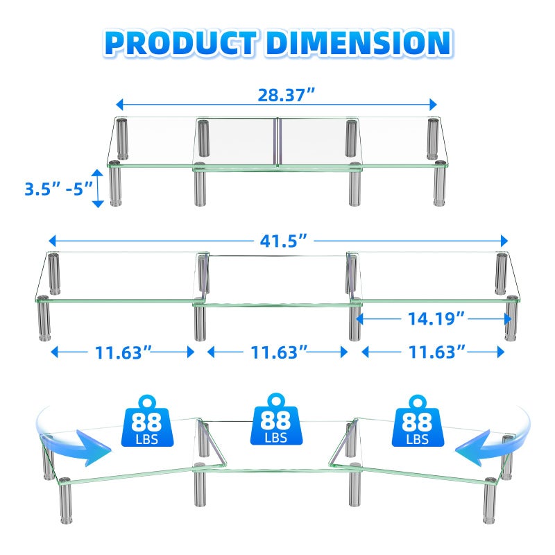 Simple Trending Dual Monitor Stand Riser, Computer Office Desktop Organizer for 2 Monitors with Tempered Glass, Adjustable Length and Angle Stand for Laptop,Printer,TV - Image 2