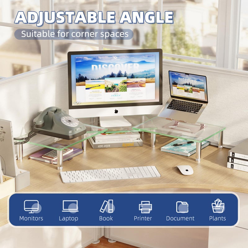 Simple Trending Dual Monitor Stand Riser, Computer Office Desktop Organizer for 2 Monitors with Tempered Glass, Adjustable Length and Angle Stand for Laptop,Printer,TV - Image 3