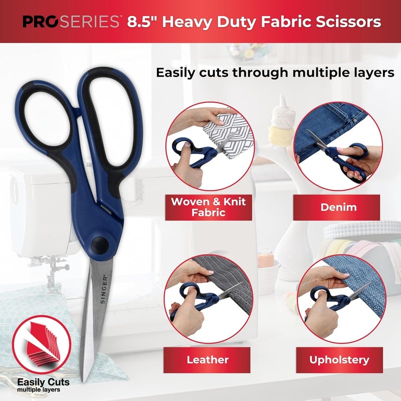 SINGER ProSeries Sewing Scissors Bundle: 8.5" Heavy Duty Fabric, 4.5" Detail Embroidery, 5" Thread Snips With Comfort Grip (Dark Blue) - Image 3