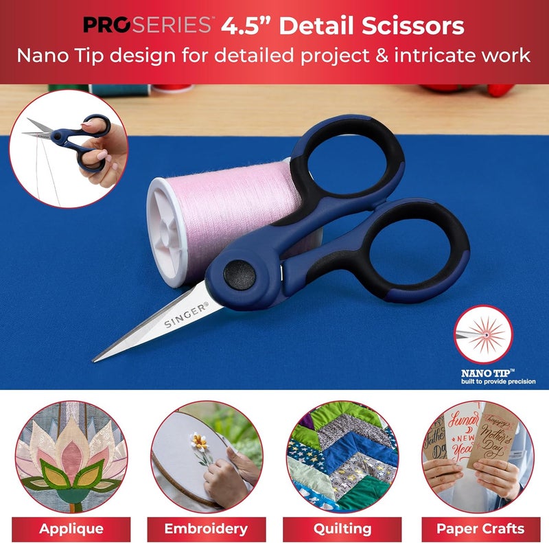 SINGER ProSeries Sewing Scissors Bundle: 8.5" Heavy Duty Fabric, 4.5" Detail Embroidery, 5" Thread Snips With Comfort Grip (Dark Blue) - Image 4
