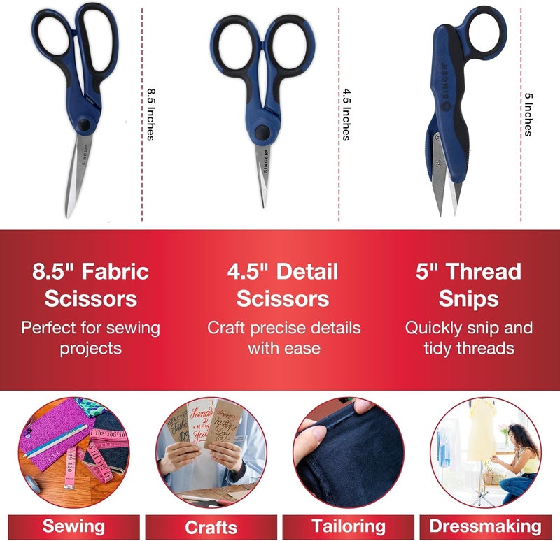 SINGER ProSeries Sewing Scissors Bundle: 8.5" Heavy Duty Fabric, 4.5" Detail Embroidery, 5" Thread Snips With Comfort Grip (Dark Blue) - Image 2