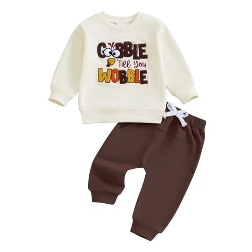 JLKGICF Toddler Boys Thanksgiving Outfits Letter Embroidered Long Sleeve Sweatshirts and Pants Set Fall Winter Clothes (Coffee, 2-3T) - Image 1