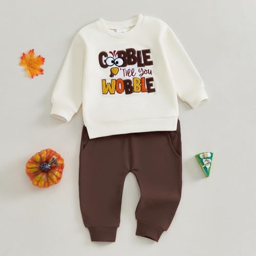 JLKGICF Toddler Boys Thanksgiving Outfits Letter Embroidered Long Sleeve Sweatshirts and Pants Set Fall Winter Clothes (Coffee, 2-3T) - Image 3