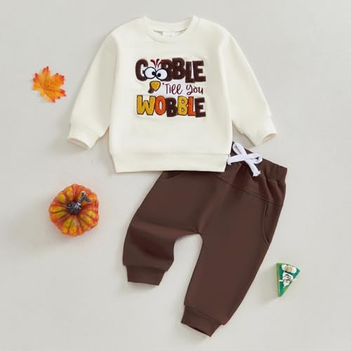 JLKGICF Toddler Boys Thanksgiving Outfits Letter Embroidered Long Sleeve Sweatshirts and Pants Set Fall Winter Clothes (Coffee, 2-3T) - Image 2