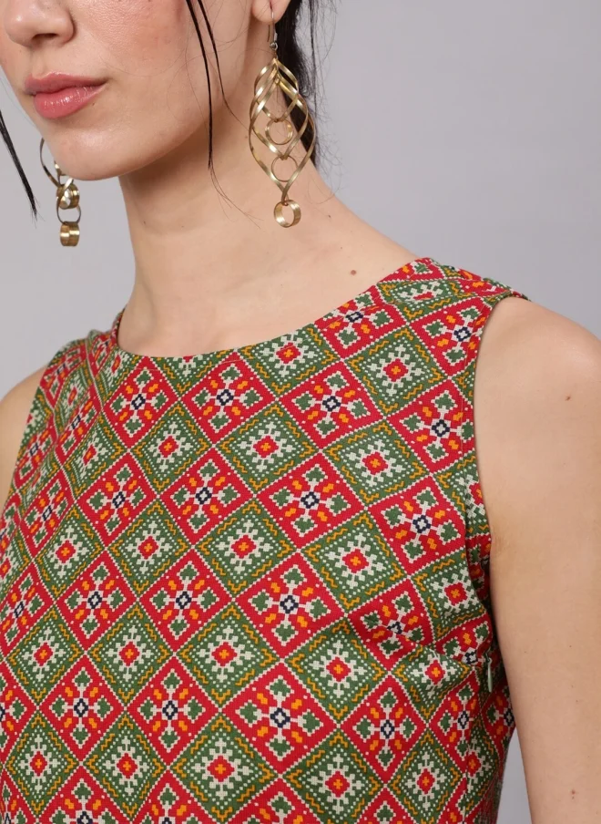 أيه كيه إس Red & Green Ethnic Motifs Fit and Flare Dress for Women