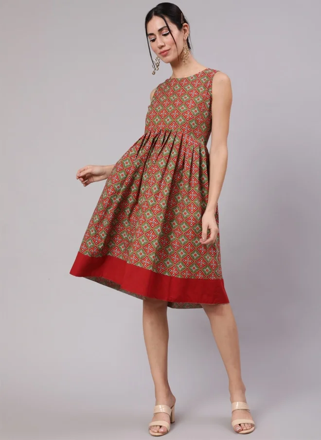 أيه كيه إس Red & Green Ethnic Motifs Fit and Flare Dress for Women