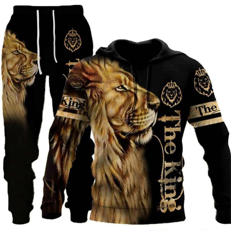 prigridche Brown Sweatsuit Men,Wolf & Lion 3D Printed Men's Hoodies Sweater Set Pullover Tracksuit for Big 2 Piece Sweatshirt Suit - Image 2