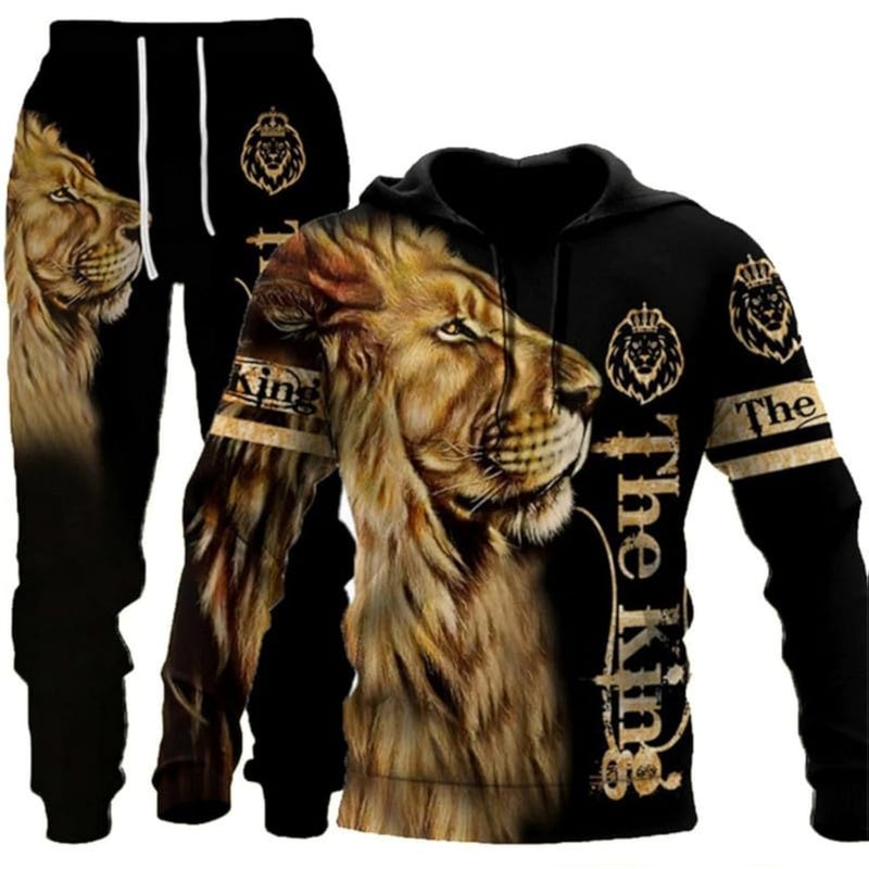 prigridche Brown Sweatsuit Men,Wolf & Lion 3D Printed Men's Hoodies Sweater Set Pullover Tracksuit for Big 2 Piece Sweatshirt Suit - Image 1