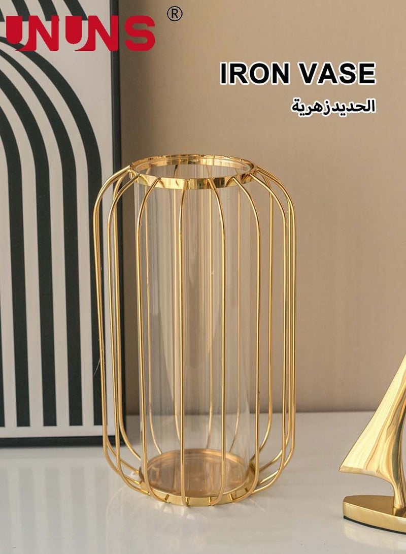 UNUNS Gold Table Vase,Metal Frame Geometric Vase Test Tube Clear Glass Vase Hydroponic Plants,Bud Vase For Home Desktop Decor,Lantern Vasefor Decor - Image 4
