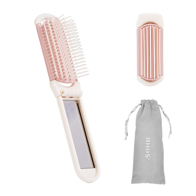 RHOS Folding Brush with Mirror for Women, Girls - Mini Hair Brush for Purse, Small Pocket Brush with Soft Nylon Bristles and Mirror for Travel (Beige) - Image 1