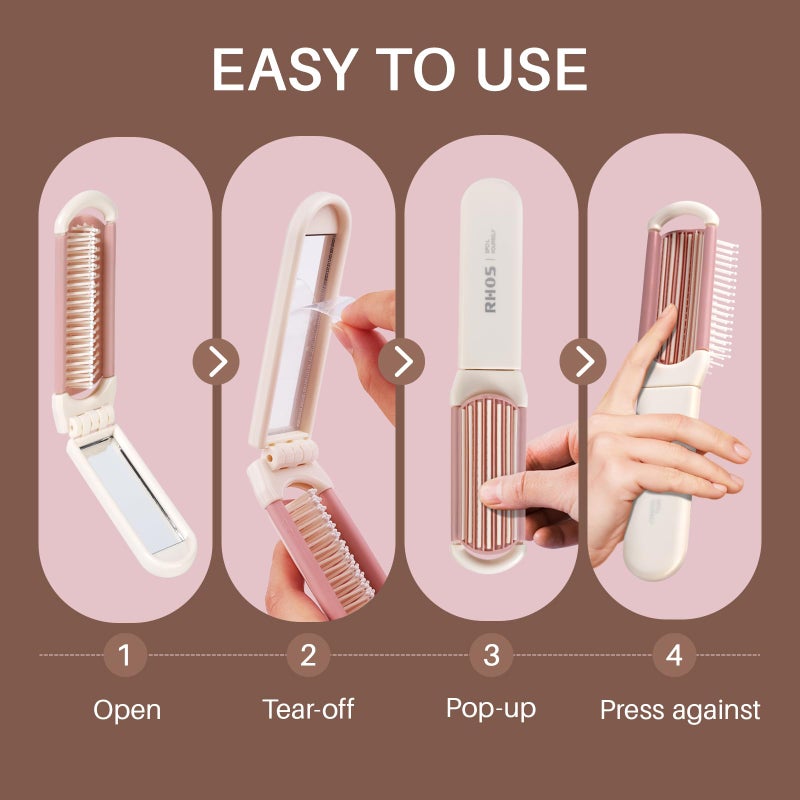 RHOS Folding Brush with Mirror for Women, Girls - Mini Hair Brush for Purse, Small Pocket Brush with Soft Nylon Bristles and Mirror for Travel (Beige) - Image 5
