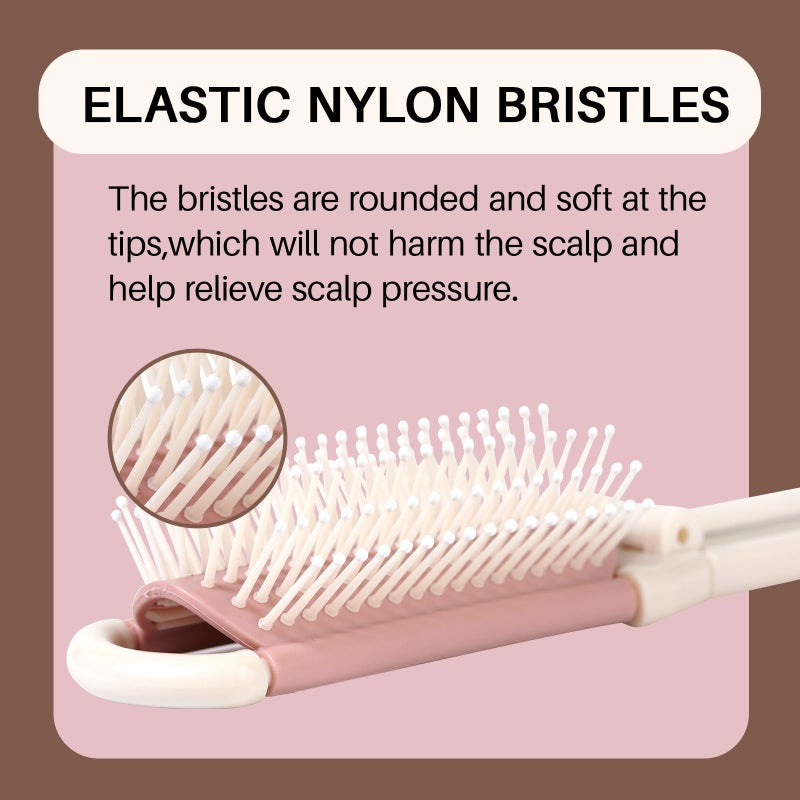 RHOS Folding Brush with Mirror for Women, Girls - Mini Hair Brush for Purse, Small Pocket Brush with Soft Nylon Bristles and Mirror for Travel (Beige) - Image 4