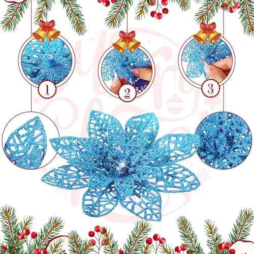 Boao Lake Blue 24 Pieces Poinsettia Flower Christmas Glitter Artificial Poinsettia with Clips Christmas Tree Ornament Decorations for DIY Xmas Wreath Holiday Home Party Decor 346 Inches - Image 3