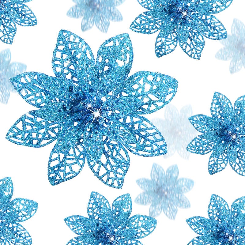 Boao Lake Blue 24 Pieces Poinsettia Flower Christmas Glitter Artificial Poinsettia with Clips Christmas Tree Ornament Decorations for DIY Xmas Wreath Holiday Home Party Decor 346 Inches - Image 2