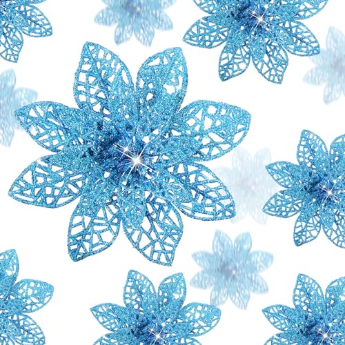 Boao Lake Blue 24 Pieces Poinsettia Flower Christmas Glitter Artificial Poinsettia with Clips Christmas Tree Ornament Decorations for DIY Xmas Wreath Holiday Home Party Decor 346 Inches - Image 1