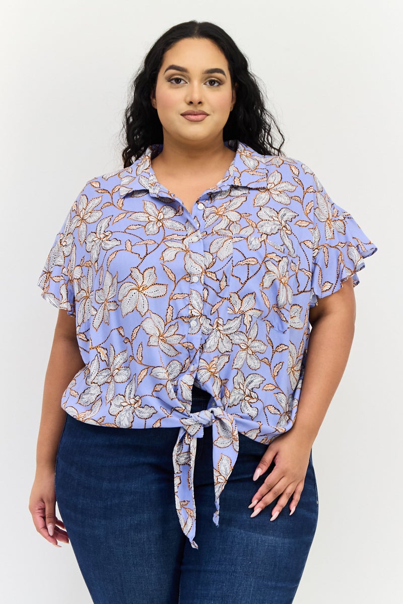 Jessica Simpson Women Plus Size Spread Collar Short Sleeve Floral Print Shirt, Multicolor - Image 1