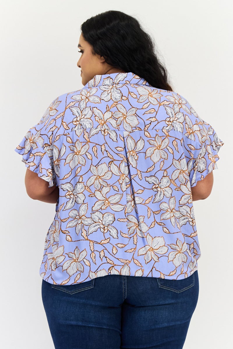 Jessica Simpson Women Plus Size Spread Collar Short Sleeve Floral Print Shirt, Multicolor - Image 3