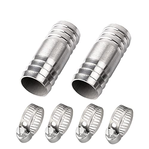 Pysrych Stainless Steel 304 Hose Barb Fitting Union 1-1/4" Barbed x 1-1/4" Barbed Splicer Mender Coupler with Hose Clamp (Pack of 2) - Image 1