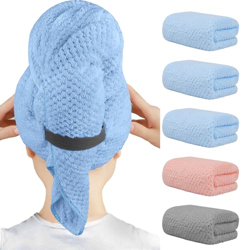 HOMEXCEL Blue Microfiber Hair Towels 5 Pack 40 x 20 inches Super Soft Fast Drying Turbans for Long Thick Curly Hair Anti Frizz Wrap with Elastic Strap BluePinkGrey - Image 1