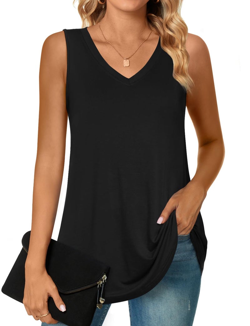 POPYOUNG Women's Long Tunic Tank to Wear with Leggings Summer V-Neck Sleeveless Tops Loose Shirts XL, Black - Image 1