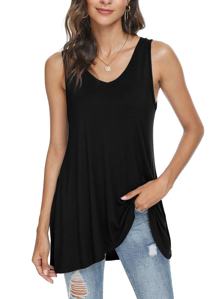 POPYOUNG Women's Long Tunic Tank to Wear with Leggings Summer V-Neck Sleeveless Tops Loose Shirts XL, Black - Image 3