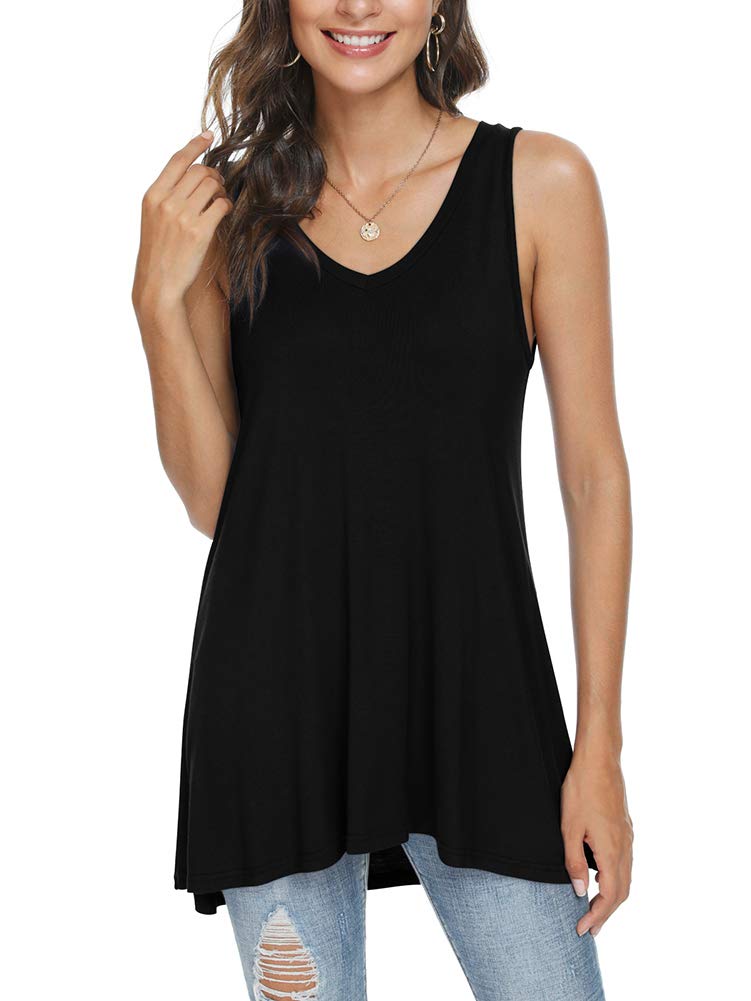 POPYOUNG Women's Long Tunic Tank to Wear with Leggings Summer V-Neck Sleeveless Tops Loose Shirts XL, Black - Image 2