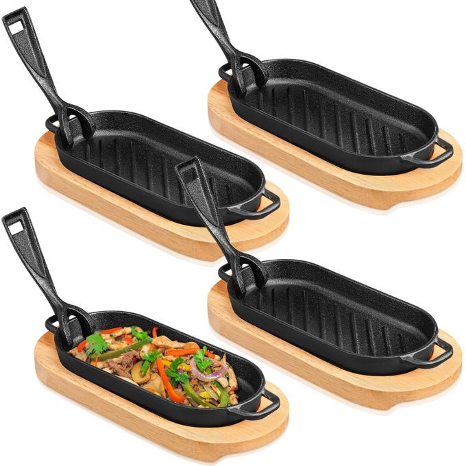 4 PCS CAST IRON FAJITA SKILLET PAN SET SIZZLING STEAK PLATE WITH WOODEN BASE AND REMOVABLE HANDLE CAST IRON GRILL FRYING PAN FOR HOME RESTAURANT KITCHEN COOKING 866 X 433 INCH