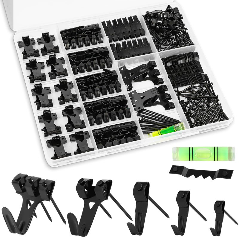 KURUI Picture Hangers, 385Pcs Picture Hanging Kit with Heavy Duty Picture Hanging Hooks, Sawtooth, Hardware Nails and Picture Hanging Tool, Wall Hangers for Frame, Painting, Art, Photo (Black) - Image 1