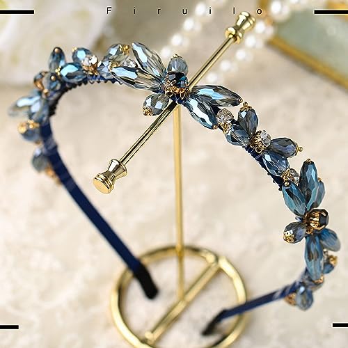 Firuilo Thin Rhinestones Headband Blue Crystal Hair Bands Sparkle Beaded Head Bands for Women(Blue) - Image 2