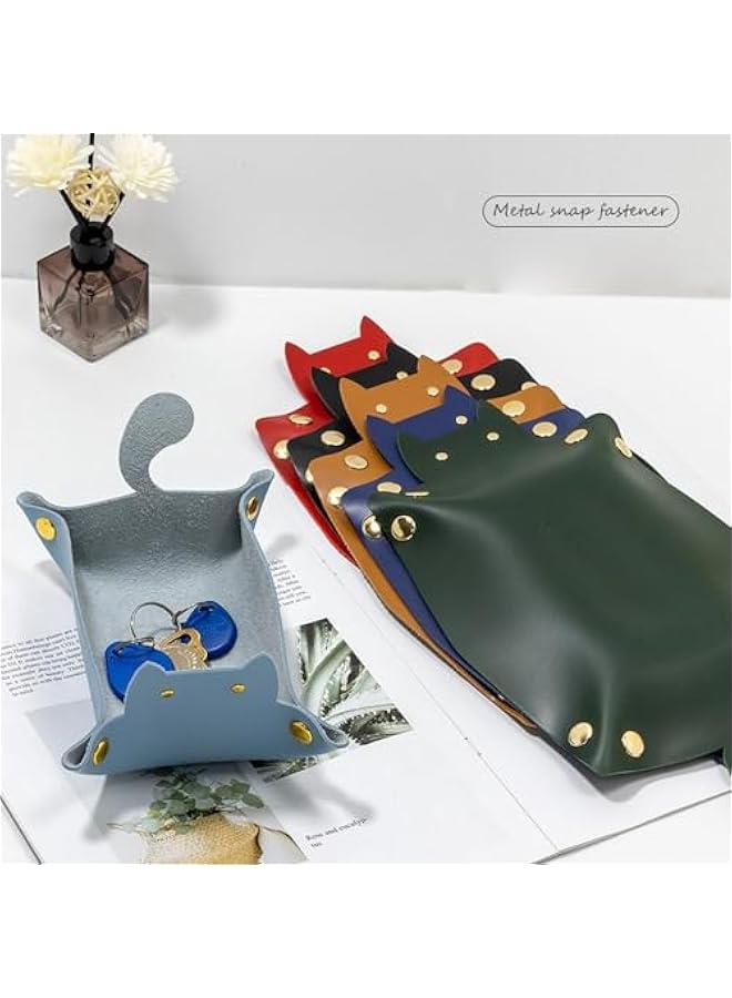 هوكور صينية فاليه من بيكبيس - صينية فانيتي من الجلد الصناعي بجانب السرير، حامل للمفاتيح والجوال والمحفظة والعملات المعدنية والمجوهرات بنمط قطة، اخضر (20-2) - Image 4