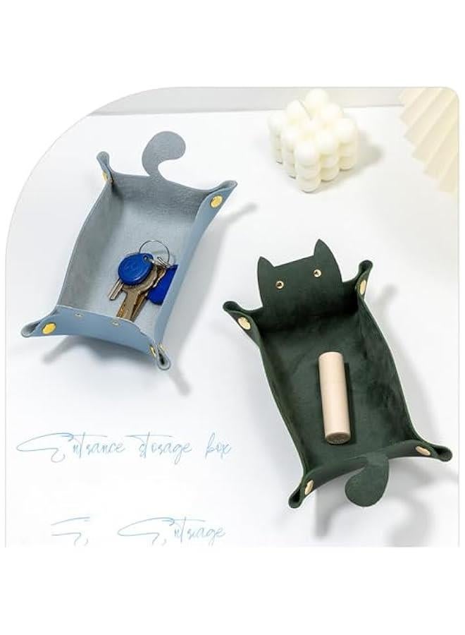 هوكور صينية فاليه من بيكبيس - صينية فانيتي من الجلد الصناعي بجانب السرير، حامل للمفاتيح والجوال والمحفظة والعملات المعدنية والمجوهرات بنمط قطة، اخضر (20-2) - Image 5