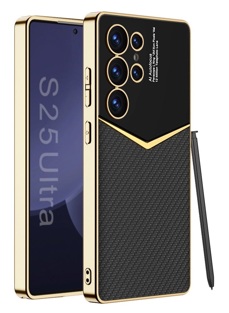general Case for Samsung Galaxy S25 Ultra, Shiny Plating Gold Edges Leather Cover Anti -Fall Camera Protection Case