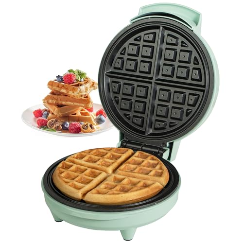 Primalite Classic 8” Waffle Maker Machine- 700 Watts | Stainless Steel Non-Stick Cooking Plates & Cool Touch Handle | Belgian Round Electric Iron | Indicator Light & Easy to use- Mint Green - Image 1