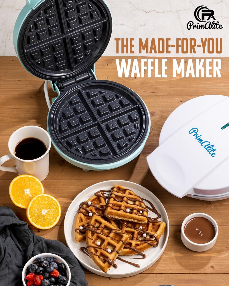 Primalite Classic 8” Waffle Maker Machine- 700 Watts | Stainless Steel Non-Stick Cooking Plates & Cool Touch Handle | Belgian Round Electric Iron | Indicator Light & Easy to use- Mint Green - Image 3