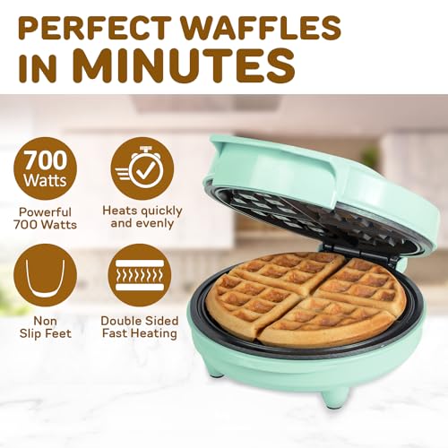 Primalite Classic 8” Waffle Maker Machine- 700 Watts | Stainless Steel Non-Stick Cooking Plates & Cool Touch Handle | Belgian Round Electric Iron | Indicator Light & Easy to use- Mint Green - Image 2