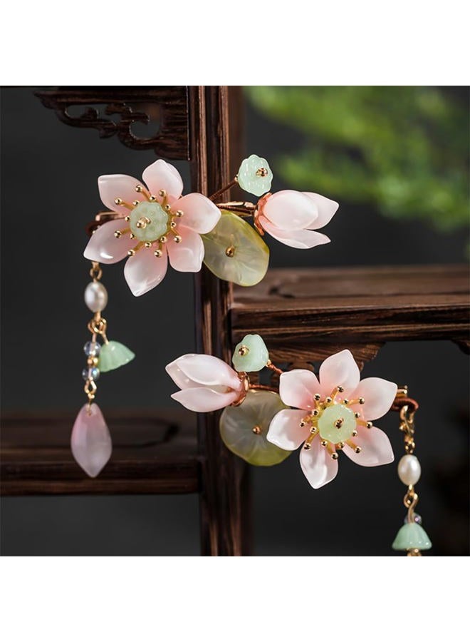 Capiant 1 Pair of Pink Handmade Lotus Hair Clips, Vintage Pink Flower Hair Clips, Tassel Hair Clip, Hanfu Decorative Hair Clips, and Chinese Hair Accessories, for Women Bride Bridesmaids - Image 3