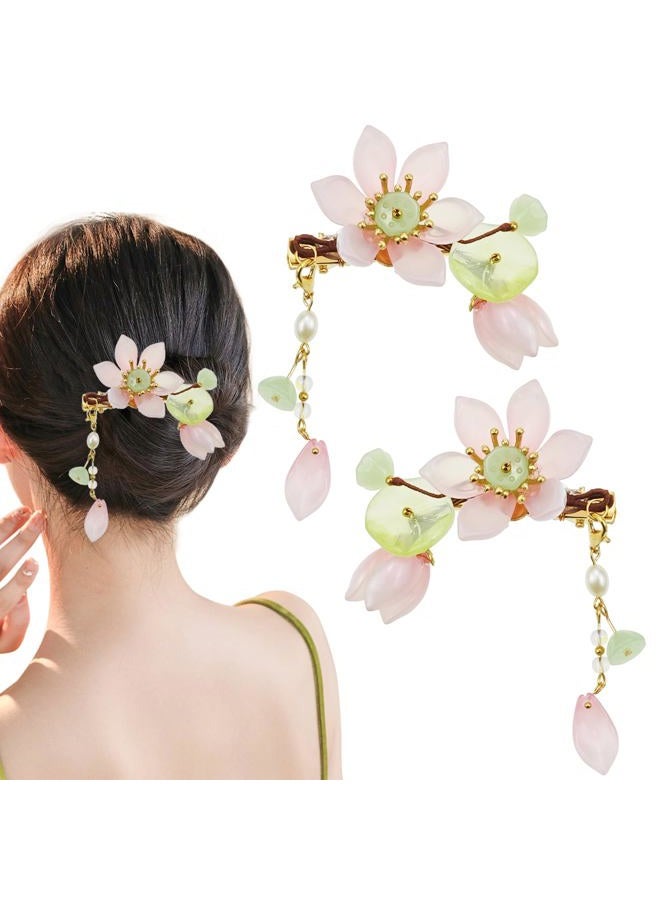 Capiant 1 Pair of Pink Handmade Lotus Hair Clips, Vintage Pink Flower Hair Clips, Tassel Hair Clip, Hanfu Decorative Hair Clips, and Chinese Hair Accessories, for Women Bride Bridesmaids - Image 1