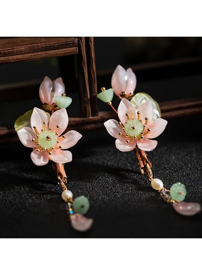 Capiant 1 Pair of Pink Handmade Lotus Hair Clips, Vintage Pink Flower Hair Clips, Tassel Hair Clip, Hanfu Decorative Hair Clips, and Chinese Hair Accessories, for Women Bride Bridesmaids - Image 4