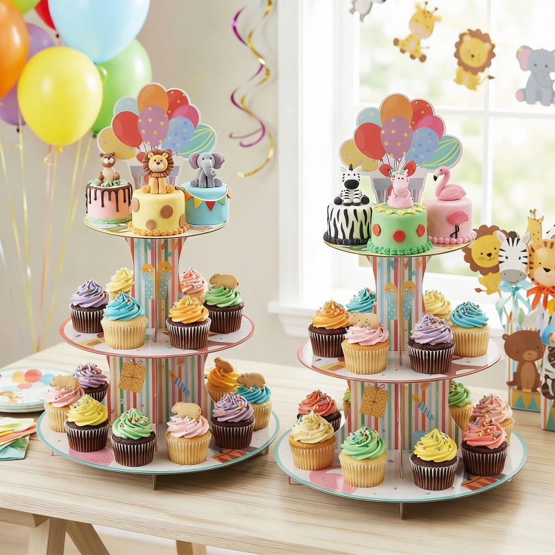 Potchen 2 Pcs Animal Parade Theme Party Cupcake Stand 3 Tier Jungle Wild Animal Parade Theme Cupcake Tower Pastel Cardboard Dessert Stand for Baby Shower Birthday Party Decorations - Image 3