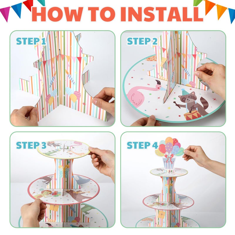 Potchen 2 Pcs Animal Parade Theme Party Cupcake Stand 3 Tier Jungle Wild Animal Parade Theme Cupcake Tower Pastel Cardboard Dessert Stand for Baby Shower Birthday Party Decorations - Image 4