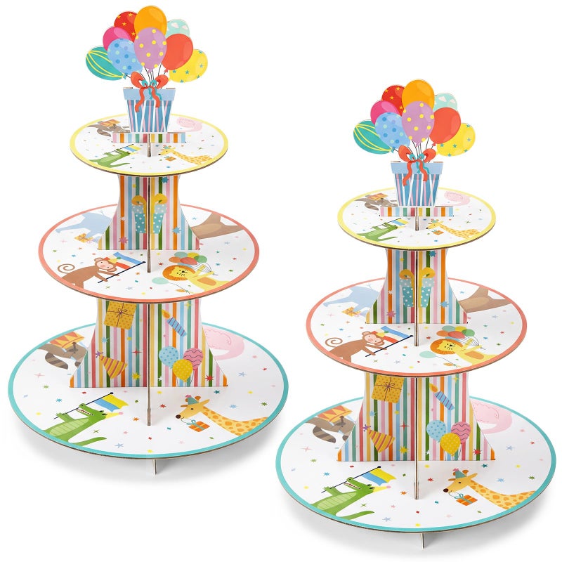 Potchen 2 Pcs Animal Parade Theme Party Cupcake Stand 3 Tier Jungle Wild Animal Parade Theme Cupcake Tower Pastel Cardboard Dessert Stand for Baby Shower Birthday Party Decorations - Image 1