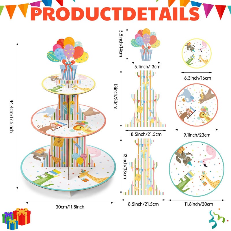 Potchen 2 Pcs Animal Parade Theme Party Cupcake Stand 3 Tier Jungle Wild Animal Parade Theme Cupcake Tower Pastel Cardboard Dessert Stand for Baby Shower Birthday Party Decorations - Image 2