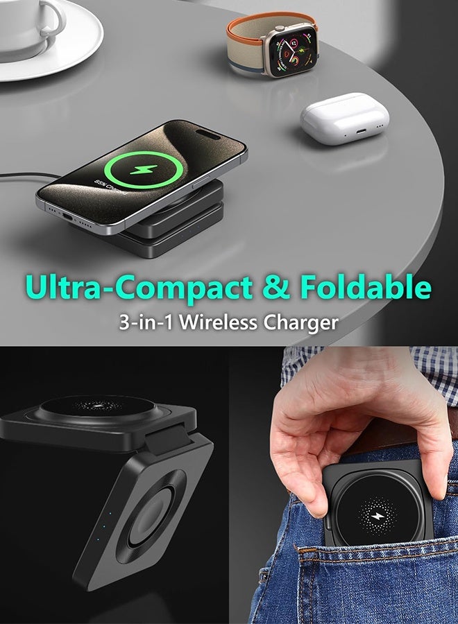 SUNDAREE محطة شحن سفر عصرية 3 في 1 لأجهزة Apple، حامل شاحن لاسلكي مغناطيسي قابل للطي متوافق مع MagSafe، لوحة شحن لاسلكية سريعة لأجهزة iPhone 16/15/14/13/12 وAirPods وApple Watch - Image 2